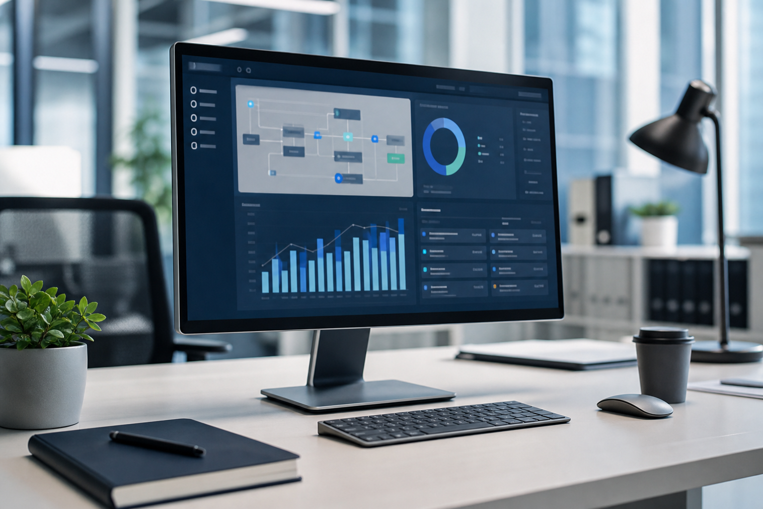 Business software dashboard on an office workstation