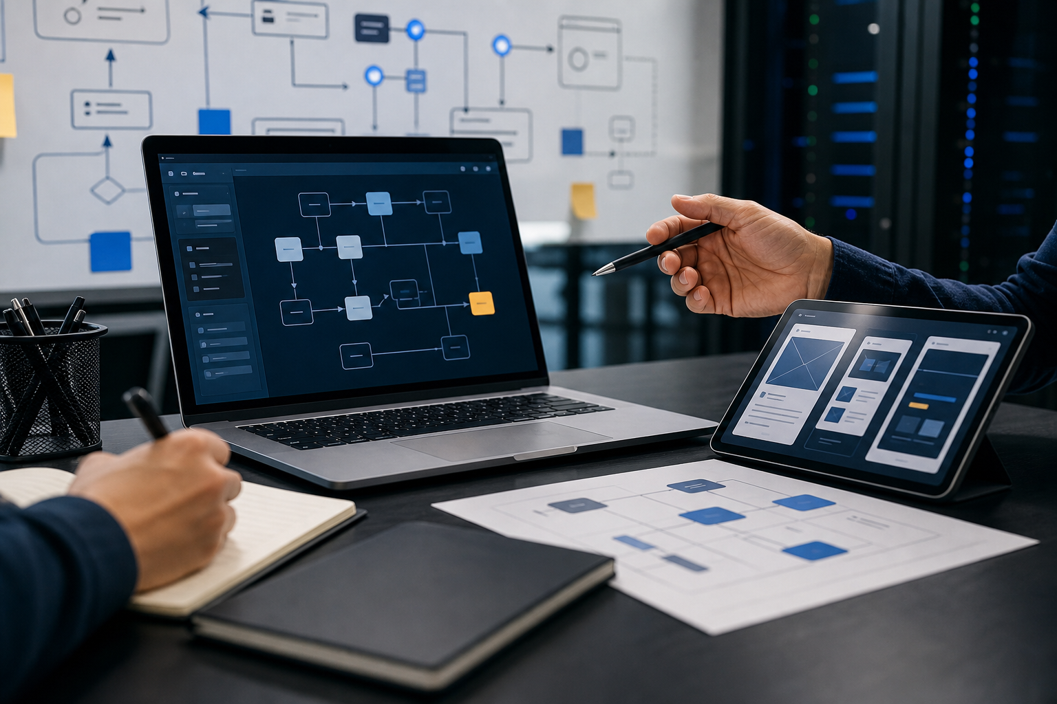 Custom software planning workspace with laptop and diagrams