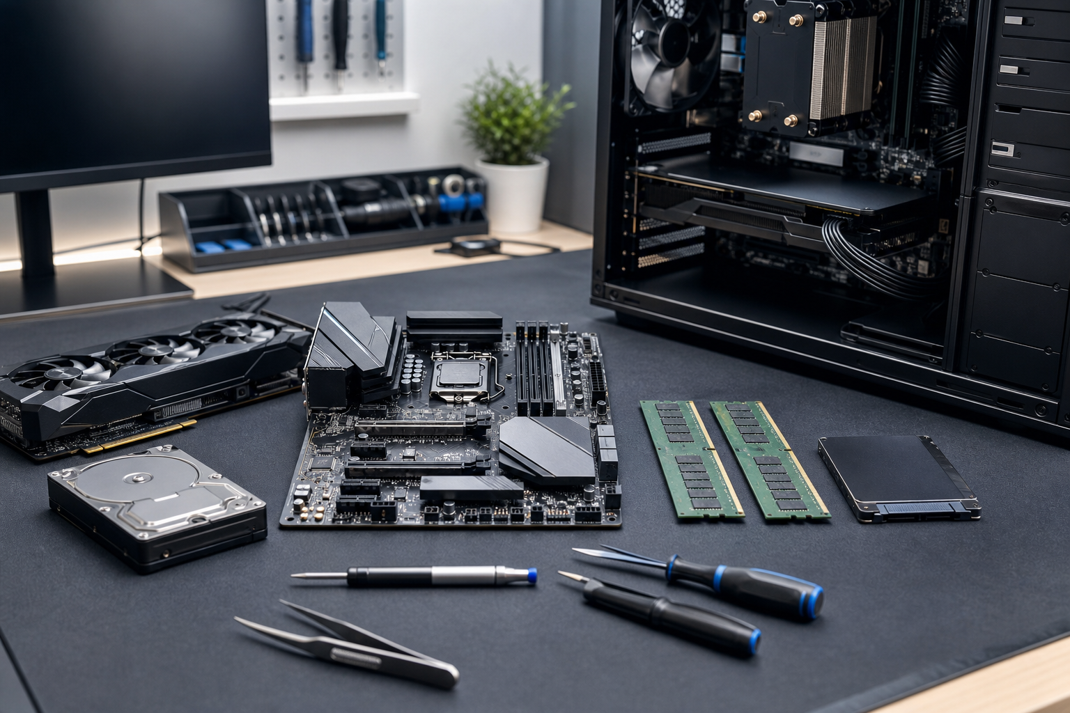 Computer hardware parts on a clean technical workbench