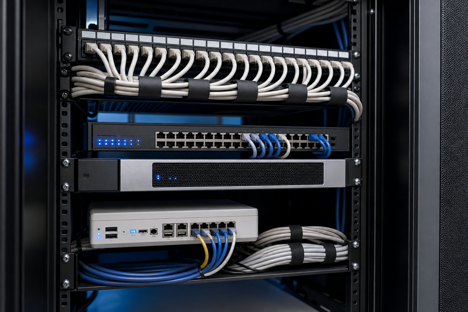 Organized network rack with switches and ethernet cables