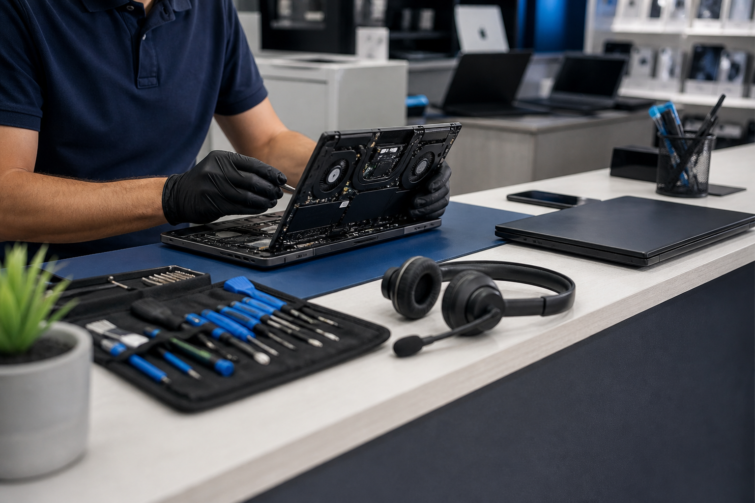 Technician checking a laptop at a service desk